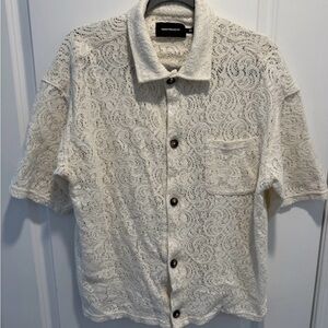 Nude Project Men XL Cream Lace Button Up Shirt Short Sleeve Fits Like L